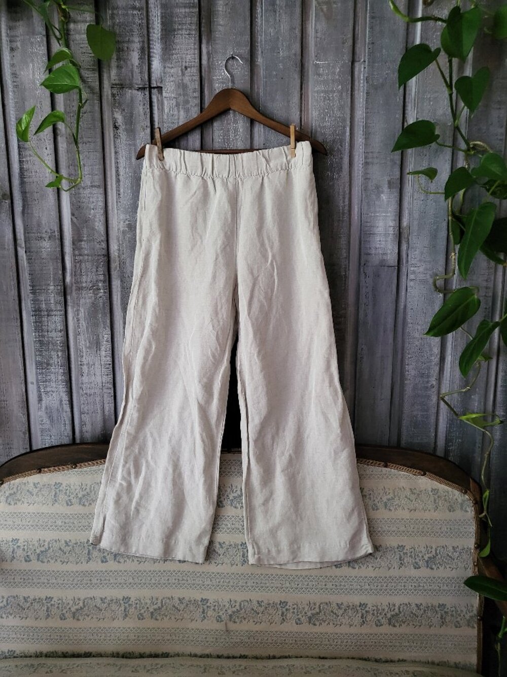 Linen Blend Wide Leg Pants Beige High Waist Elastic Cropped Culver Pocket M